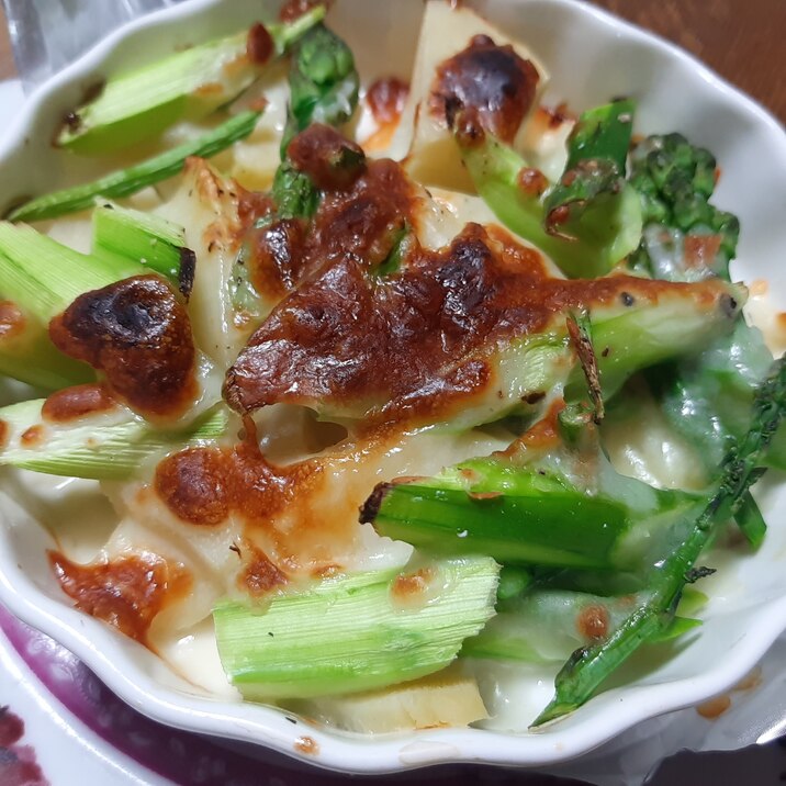 旬の野菜でおつまみ♪アスパラと筍のチーズ焼き